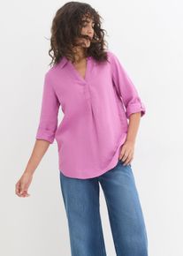 Langarmbluse bonprix "3/4-Arm Bluse mit Leinen", Damen, Gr. 48, rosa (fliederpink), Web, Obermaterial: 55% Leinen, 45% Viskose, unifarben, figurumspielend normal, Aufschlag, Blusen Langarmbluse, figurumspielende Passform, f&uuml;r vielseitige Alltagslooks