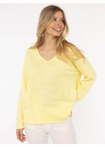 Sweatshirt Zwillingsherz "Positive Mind", Damen, Gr. XXL/XXXL, gelb, Sweatware, Obermaterial: 70% Baumwolle, 30% Polyester, unifarben, used, l&auml;ssig geschnitten Po-bedeckend, V-Ausschnitt, Sweatshirts Sweatshirt, ausgefranster V-Ausschnitt, Used Look, Langarm, Schriftzug