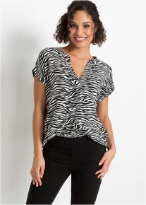 Tunika bonprix, Damen, Gr. 48, schwarz (schwarz, wollwei&szlig; zebra bedruckt), Obermaterial: 100% Viskose, regular fit, Tuniken Tunika, eleganter Look, Kurzarm-Design, Regular Fit, mit Henley-Kragen