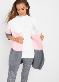 Longstrickjacke bonprix, Damen, Gr. 40/42 (M), wei&szlig; (wollwei&szlig;, grau meliert, zartrosa quer gestreift), Obermaterial: 50% Baumwolle, 50% Polyacryl, loose fit, Strickjacken Longstrickjacke, dreifarbig, lockere Passform, Casual Stil, mit Knopfleiste