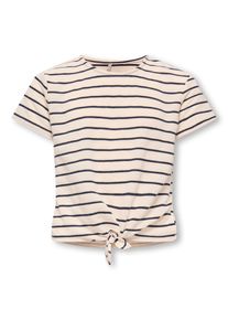 T-Shirt KIDS Only "KOGJANA SS STRIPED KNOT TOP JRS", M&auml;dchen, Gr. 134/140, beige (tofu stripes:night sky), Jersey, Obermaterial: 86% Polyester, 14% Baumwolle, geringelt, gestreift, Basic kurz, Rundhals, Shirts T-Shirt, mit coolem Knotendetail