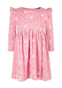 Midikleid happy girls, M&auml;dchen, Gr. 116, N-Gr, lila (orchid), Jersey, Obermaterial: 95% Baumwolle, 5% Elasthan, bedruckt, regular fit normal, Rundhals, Kleider Midikleid