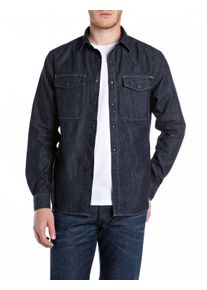 Langarmhemd Replay, Herren, Gr. XXL, N-Gr, blau (dunkelblau), Twill, Obermaterial: 100% Baumwolle, regular fit, mit Knopf,&Auml;rmel mit &Auml;rmelschlitz angesetztes B&uuml;ndchen, Hemden Langarmhemd