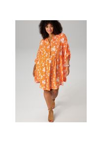 Aniston PLUS, Damen, Longbluse mit Blumen und kleinen P&uuml;nktchen bedruckt, orange-wei&szlig;-gelb, 48, orange-wei&szlig;-gelb, Bluse aus weich fallender Viskose