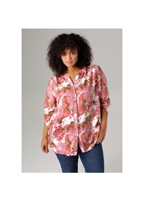 Aniston PLUS, Damen, Longbluse mit H&auml;kelapplikation entlang der Knopfleiste, bunt, 44, bunt, Durchgekn&ouml;pfte Bluse aus weich fallender Viskose