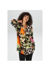 Aniston PLUS, Damen, Schluppenbluse mit extravaganten farbenfrohes Animaldessin, beige-schwarz-orange-pink-oliv, 52, Bluse aus weich fallender Viskose