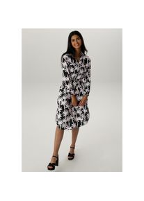 Aniston SELECTED, Damen, Blusenkleid Eingrifftaschen mit edler Palmen-Musterung, schwarz-wei&szlig;, 38 - N-Gr, Durchgekn&ouml;pftes Kleid mit zwei 