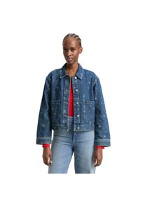 Tom Tailor Denim, Damen, Jeansjacke ohne Kapuze mit All-Over-Herz-Print, mid blue, L, Jacke von Tom Tailor Denim