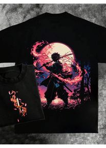 Men's Black Graphic Tee with Samurai-Style Sword Artwork, Casual Streetwear Summer Top