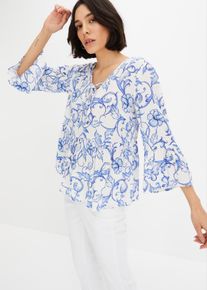 Tunika bonprix, Damen, Gr. 38, wei&szlig; (wei&szlig;, blau floral), Obermaterial: 100% Viskose, figurumspielend, Tuniken Tunika, figurumspielende Passform, mit 3/4-&Auml;rmeln, mit Bindedetails