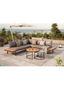 Ambia Garden Loungegarnitur, Grau, Holz, Metall, Glas, Akazie, massiv, F&uuml;llung: Komfortschaum,Polyester, L-Form, UV-best&auml;ndig, Tisch mit Glasplatte, Gartenm&ouml;bel, Loungem&ouml;bel, Loungegarnituren