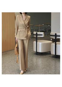 Allingentle Women's Suit 2 Piece Elegant Double-Breasted Jacket Flap Pocket Blazer Pantsuit for Casual Office Customized