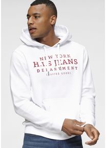 H.I.S. Kapuzensweatshirt H.I.S, Herren, Gr. XL (56/58), wei&szlig;, angeraute Sweatware, Obermaterial: 60% Baumwolle, 40% Polyester, bedruckt, normal, Rundhals, Rippb&uuml;ndchen, Sweatshirts Kapuzensweatshirt, mit Print und Badge, Kapuze, f&uuml;r sportliche Outfits