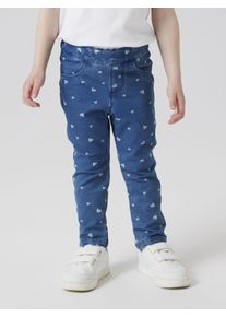 Leggings name it "NMFSALLI SLIM DNM LEGGING 2352-VB NOOS", M&auml;dchen, Gr. 110, N-Gr, blau (medium blau denim aop:heart), Sweatware, Obermaterial: 70% Baumwolle, 25% Polyester, 5% Elasthan, bedruckt, slim fit kn&ouml;chellang, Hosen Leggings