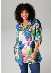 Longbluse ANISTON PLUS, Damen, Gr. 44, rosa (stein, marine, dunkelgr&uuml;n, lachs, fuchsia, smaragd, gelb, petrolgr&uuml;n, royalblau, apfelgr&uuml;n, orange, rosa, hellgrau, wei&szlig;), Web, Obermaterial: 60% Baumwolle, 40% Viskose, Leinenoptik, bedruckt, l&auml;ssig geschnitten ca. Mitte Oberschenkel, V-Ausschnitt, Krempel&auml;rmel, Blusen Longbluse, mit gro&szlig;fl&auml;chigen, tropischen Bl&auml;ttern bedruckt