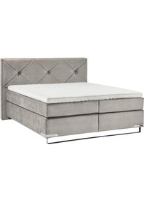 Boxspringbett "Dubai", grau (d 041 grau), B:177cm L:214cm, Gallery M BRANDED BY MUSTERRING, Komplettbetten, Boxspringbett, Kufe in Chrom, 3 H&auml;rtegrade, Kopfteil mit Knopfheftung