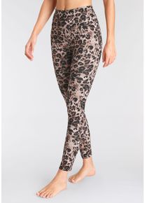 H.I.S. Leggings H.I.S, Damen, Gr. 40/42, N-Gr, braun (schwarz mit leodruck), Single Jersey, Obermaterial: 95% Baumwolle, 5% Elasthan, bedruckt, Basic, Basic kn&ouml;chellang, Hosen Leggings, mit Leoprint, Loungewear