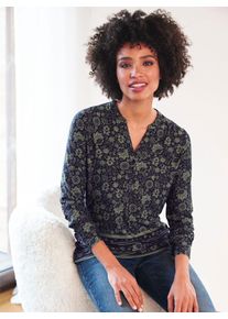 Langarmshirt Heine "Druck-Shirt", Damen, Gr. 48, bunt (khaki, marine, bedruckt), 95% Viskose, 5% Elasthan, bedruckt, gebl&uuml;mt, gemustert, Rundhals, Shirts Langarmshirt