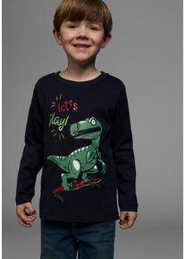 Langarmshirt Kidsworld "LET&acute;S PLAY", Jungen, Gr. 140/146, blau (marine), Jersey, Obermaterial: 100% Baumwolle, bedruckt, Basic h&uuml;ftlang, Rundhals, Shirts Langarmshirt, Langarm, Basic-Stil, aus Baumwolle