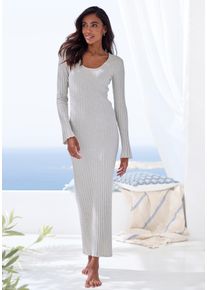 Strickkleid French Connection, Damen, Gr. 40/42, N-Gr, grau (hellgrau, meliert), Rippstrick, Obermaterial: 50% Viskose (LENZING&trade; ECOVERO&trade;), 28% Polyester, 22% Polyamid, meliert, unifarben, figurbetont lang, Rundhals, gewellter Abschluss, Kleider Strickkleid, mit leicht ausgestellten &Auml;rmeln, Loungewear