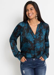 Tunika bonprix, Damen, Gr. 52, schwarz (schwarz, blaupetrol floral), Obermaterial: 100% Polyester, gerade, Tuniken Tunika, moderner Look, gerade Passform, aus Polyester, mit sch&ouml;nem Druck