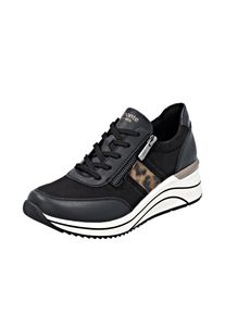 Keilsneaker Remonte, Damen, Gr. 39, schwarz (schwarz, leo), Lederimitat, Textil, Schuhe Keilsneaker, Schn&uuml;rschuh, Halbschuh, Freizeitsneaker in veganer Verarbeitung