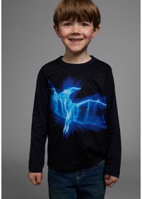 Langarmshirt Kidsworld "FLYING DINO", Jungen, Gr. 140/146, blau (marine), Jersey, Obermaterial: 100% Baumwolle. Vorderteil: 100% Polyester, bedruckt, Basic, Rundhals, Shirts Langarmshirt, Langarm, Basic-Passform, bedruckt, Rundhalsausschnitt