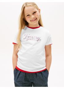 T-Shirt Tommy Hilfiger "TOMMY SCRIPT SEQUINS TEE SS", M&auml;dchen, Gr. 10 (140), wei&szlig;, Single Jersey, Obermaterial: 100% Baumwolle, unifarben, regular fit h&uuml;ftlang, Rundhals, Shirts T-Shirt, f&uuml;r Kinder bis 16 Jahre, mit Pailletten