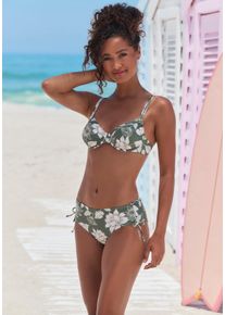 B&uuml;gel-Bikini-Top s.Oliver "Lady", Damen, Gr. 40, Cup D, gr&uuml;n (olive, creme), Microfaser, Recycling-Polyamid, gebl&uuml;mt, Bikini-Oberteile B&uuml;gel-Bikini-Top, mit floralem Design