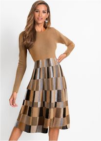Strickkleid bonprix "Ausgestelltes Jacquard-Strickkleid", Damen, Gr. 44/46 (L), N-Gr, braun (camel, braun kariert), Obermaterial: 100% Polyacryl, ausgestellt, Kleider Strickkleid, aus Polyacryl, ausgestellte Passform, ausgestelltes Jacquard-Design