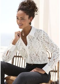 Spitzenbluse Lascana, Damen, Gr. 46, wei&szlig;, Spitze, Obermaterial: 55% Baumwolle, 45% Polyamid. Einsatz: 100% Viskose, unifarben, festlich, figurumspielend h&uuml;ftlang, Blusen Spitzenbluse, mit Hemdblusenkragen, Spitzenbluse, transparente Bluse, festlich, Topseller
