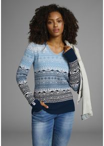 Jacquardpullover Kangaroos, Damen, Gr. 36/38, blau (marine, hellblau), Feinstrick, Obermaterial: 50% Baumwolle, 50% Polyacryl, Jacquardmuster, figurbetont h&uuml;ftlang, V-Ausschnitt, Rippb&uuml;ndchen mit Daumenl&ouml;chern, Pullover Jacquardpullover, im Norweger-Muster mit kleinen K&auml;ngurus