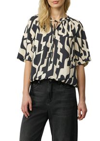 Kurzarmbluse s.Oliver, Damen, Gr. 42, schwarz (schwarz aop), Obermaterial: 84% Viskose, 16% Polyamid, bedruckt, relaxed fit taillenbedeckt, Rundhals, gerader Abschluss, Blusen Kurzarmbluse, mit All-Over Print