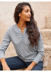 Langarmshirt Heine "Druck-Shirt", Damen, Gr. 34, blau (grau, hellblau, bedruckt), 100% Baumwolle, gemustert, mehrfarbig, Rundhals, Shirts Langarmshirt