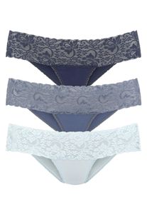 Brasilslip Vivance, Damen, Gr. 36/38, blau (eisblau, rauchblau, navy), Single Jersey, Obermaterial: 95% Baumwolle, 5% Elasthan. Spitze: 93% Polyamid, 7% Elasthan (LYCRA), unifarben, bequem, Unterhosen Brasilslip, aus elastischer Baumwolle mit floraler Spitze