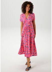 Sommerkleid Aniston CASUAL, Damen, Gr. 40, N-Gr, pink (pink, royalblau, smaragdgr&uuml;n, orange, rot, wei&szlig;, fuchsia), Single Jersey, Obermaterial: 95% Viskose, 5% Elasthan, bedruckt, gebl&uuml;mt, festlich, figurumspielend wadenlang, V-Ausschnitt, Kleider Sommerkleid, mit kunstvollen Bl&uuml;ten und Bl&auml;ttern bedruckt