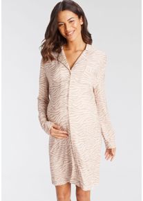 Umstandsnachthemd Lascana, Damen, Gr. 44/46, N-Gr, beige (beige, gemustert), Single Jersey, Obermaterial: 95% Viskose, 5% Elasthan, gemustert, Basic, sehr bequem kniefrei, V-Ausschnitt, eingesetzt Manschette, Kleider Umstandsnachthemd, mit Knopfleiste und Raffung an der Seitennaht
