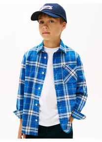 Langarmhemd Tommy Hilfiger "TOMMY GRAPHIC CHECK SHIRT", Jungen, Gr. 3 (98), N-Gr, blau (blau check), Web, Obermaterial: 98% Baumwolle, 2% Elasthan, gemustert, kariert, mehrfarbig, regular fit normal, Rundhals, eingesetzt 1-Knopf-Manschette mit Schlitz, Hemden Langarmhemd, Kinder bis 16 Jahre, Druck