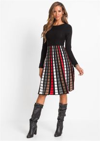Strickkleid bonprix "Strickkleid mit Karos", Damen, Gr. 40/42 (M), N-Gr, schwarz (schwarz, rot, braun, wollwei&szlig; kariert), Obermaterial: 65% Polyacryl, 35% Baumwolle, ausgestellt, Kleider Strickkleid, aus Polyacryl und Baumwolle, ausgestellte Passform, mit Karomuster