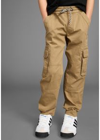 Cargohose Kidsworld "Pull-On Cargohose", Jungen, Gr. 128, N-Gr, beige (sand), Twill, Obermaterial: 98% Baumwolle, 2% Elasthan, unifarben, lang, Hosen Cargohose, mit modischem Bindeband, Topseller