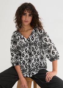 Langarmbluse bonprix "Bluse aus Baumwolle", Damen, Gr. 38, wei&szlig; (wei&szlig;, schwarz), Obermaterial: 100% Baumwolle, A-Linie, Blusen Langarmbluse, A-Linie, f&uuml;r vielseitige Anl&auml;sse, aus Baumwolle, 3/4-&Auml;rmel