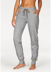 Relaxhose BENCH. LOUNGEWEAR, Damen, Gr. 44/46, N-Gr, bunt (hellgrau, orange), Interlock, Graumeliert (Obermaterial): 85% Baumwolle, 15% Polyester, kontrastfarbene Details, meliert, unifarben, Basic, bequem lang, Hosen Relaxhose, mit kontrastfarbenen N&auml;hten, Loungewear