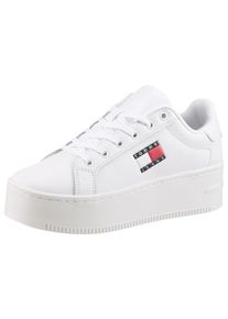 Plateausneaker Tommy Jeans "TJW FLATFORM SNEAKER", Damen, Gr. 39, wei&szlig;, Leder, Textil, unifarben, Schuhe Plateausneaker, Freizeitschuh, Halbschuh, Schn&uuml;rschuh mit Schaftrandpolsterung
