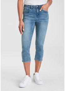 H.I.S. Caprijeans H.I.S, Damen, Gr. 33, N-Gr, blau (blau used 30), Denim/Jeans, Obermaterial: 98% Baumwolle, 2% Elasthan, schmal kniebedeckend, Jeans Caprijeans, schmale Beinform, krempelbare Beinabschl&uuml;sse, hohe Leibh&ouml;he