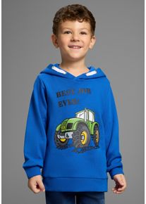 Kapuzensweatshirt Kidsworld "BEST JOB EVER", Jungen, Gr. 92/98, blau (royalblau), angeraute Sweatware, Obermaterial: 100% Baumwolle. Kapuzenfutter: 100% Baumwolle, bedruckt, Basic, B&uuml;ndchen, Sweatshirts Kapuzensweatshirt, Kapuzensweatshirt mit Traktor-Print