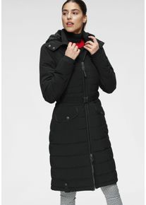 Steppmantel ALPENBLITZ "Oslo long", Damen, Gr. 40, schwarz, Web, Obermaterial: 90% Polyester, 10% Elasthan. B&uuml;ndchen (&Auml;rmel): 95% Polyester, 5% Elasthan. Futter: 100% Polyester. Kapuzenfutter: 100% Polyester. Wattierung: 100% Polyester, kontrastfarbene Details, unifarben, figurumspielend kniefrei, Rippb&uuml;ndchen mit Windstopper, M&auml;ntel Steppmantel, Mantel mit Markenpr&auml;gung auf dem G&uuml;rtel & abnehmbar