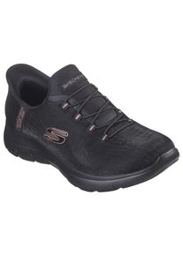 Slip-On Sneaker Skechers "SUMMITS-CLASSY NIGHT", Damen, Gr. 38, Textil, gold (schwarz, goldfarben), Schuhe Slip-On Sneaker, Slipper, Freizeitschuh mit komfortabler Heel Pillow Funktion
