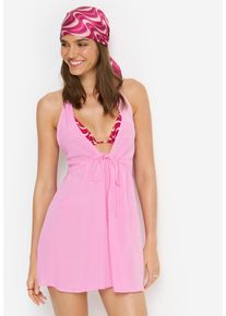 Neckholderkleid LSCN BY LASCANA, Damen, Gr. 34, N-Gr, soft pink, Web, Obermaterial: 58% Viskose, 28% Baumwolle, 14% Leinen, unifarben, figurumspielend mini, tiefer V-Ausschnitt, Kleider Neckholderkleid