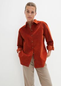 Langarmbluse bonprix "Cord-Hemd mit Seitenschlitz", Damen, Gr. 50, braun (rostbraun), Obermaterial: 98% Baumwolle, 2% Elasthan, loose fit, Blusen Langarmbluse, lockere Passform, f&uuml;r den Alltag, aus Cord, mit Hemdblusenkragen