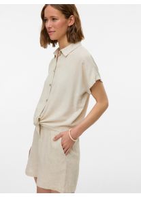 V&eacute;ro Moda Kurzarmbluse VERO MODA "VMTHEA SS TIE SHIRT WVN NOOS", Damen, Gr. XL, wei&szlig; (moonbeam detail:melange), Web, Obermaterial: 70% Viskose, 30% Leinen, meliert, normal, Blusen Kurzarmbluse, Viskosemischung, loose fit